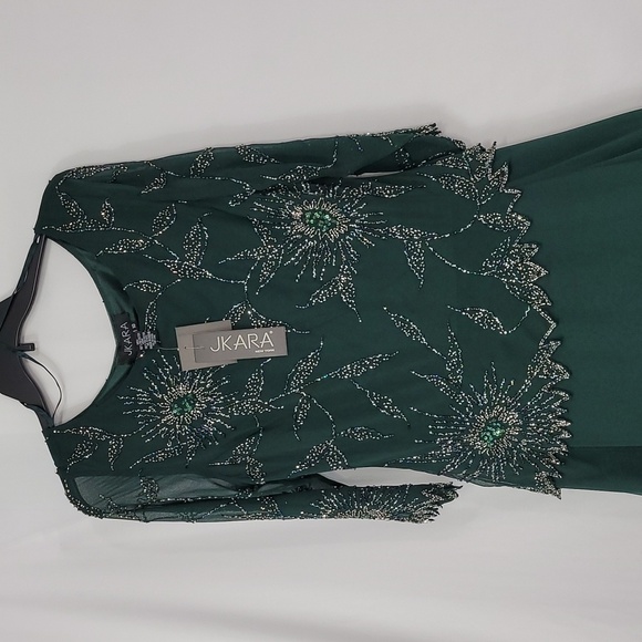 𝅺JKARA Hunter Asimetrical Green Chiffon Beaded  Embellished Gown - Picture 14 of 17